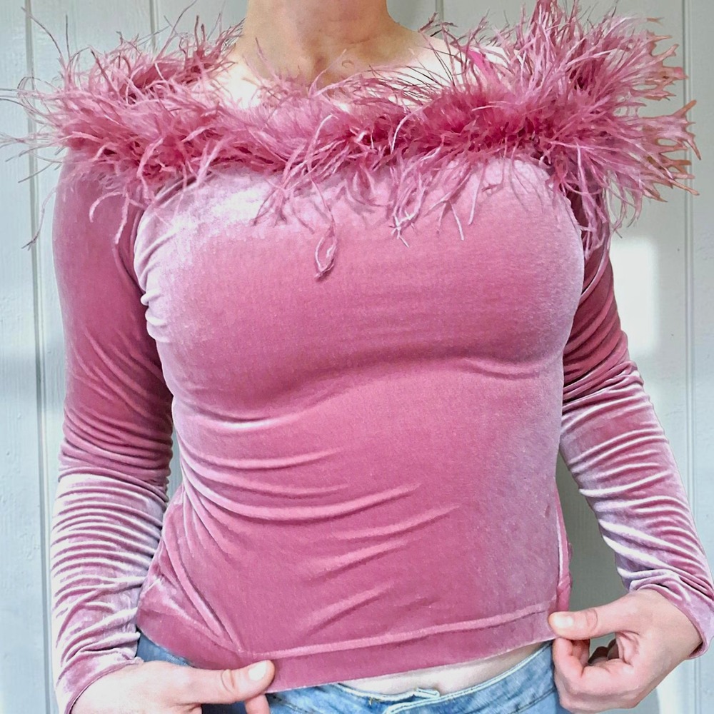 Vintage Y2K Rose Pink Velvet Off-Shoulder Feather Coquette Top Small